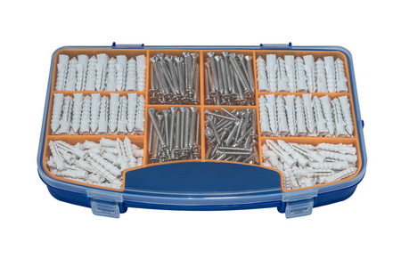 螺丝盒-在蓝色塑料盒 (螺丝, 塑料钉, 墙壁插头别针) 的不同的连接