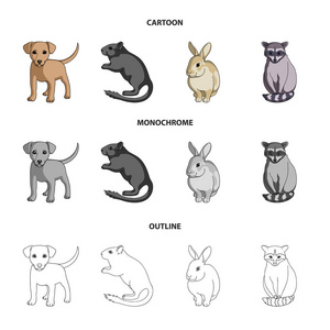 小狗, 啮齿动物, 兔子和其他动物物种。动物集合图标在卡通, 轮廓, 单色风格矢量符号股票插画网站