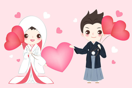 可爱的卡通日本婚礼情侣粉红色的背景照片