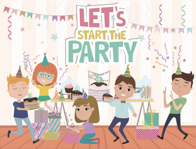 儿童聚会海报与有趣的卡通人物.宴会请柬或贺卡.可编辑矢量插图照片