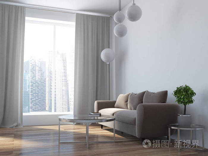 豪华米色沙发站在斯堪的纳维亚风格阁楼客厅内部.