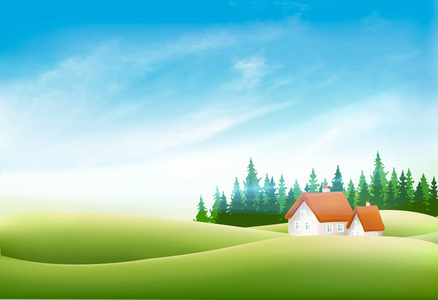 夏天自然风景与村庄房子, 绿色草并且蓝色