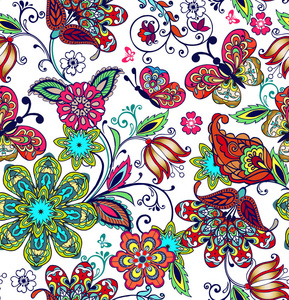 夏季多彩的无缝图案与蝴蝶。装饰与梦幻般的花朵与蝴蝶。花卉壁纸。织物纺织包装纸用装饰装饰品