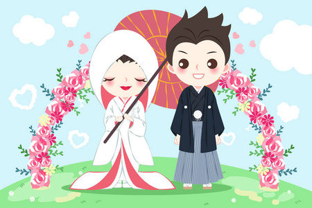可爱的卡通日本婚礼情侣在蓝色背景照片