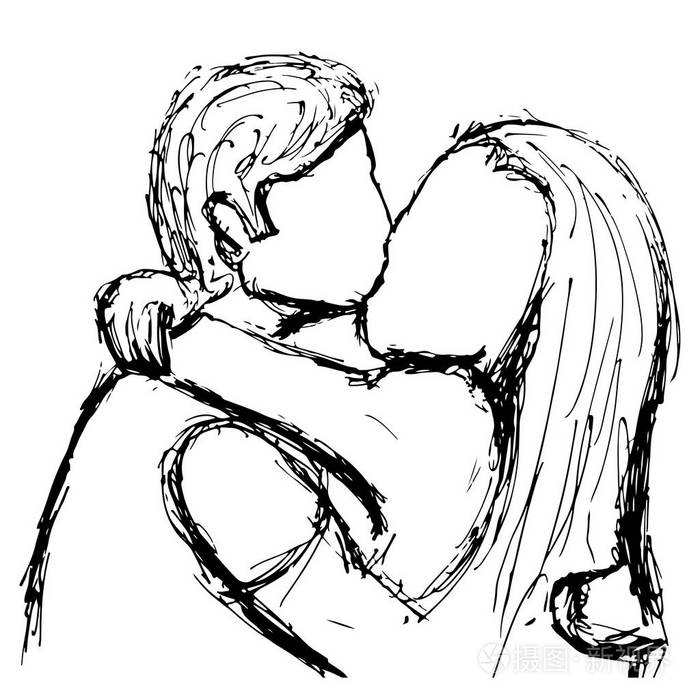 插画 一对接吻情侣的素描爱着一支胶笔.矢量插图.eps