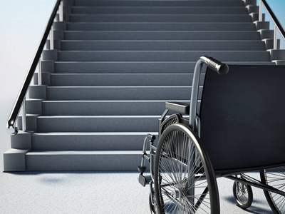 空轮椅站在陡峭的楼梯前面。3d 插图
