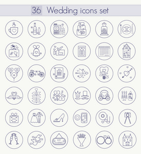 矢量婚礼大纲图标集。细线风格设计