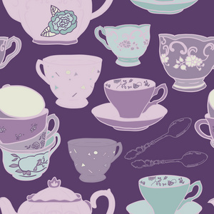 矢量无缝图案与茶壶茶杯勺子。 复古茶