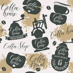 矢量无缝模式的咖啡和咖啡馆主题与旧咖啡磨床, 其他咖啡符号和手写铭文复古风格。可用作墙纸或包装纸