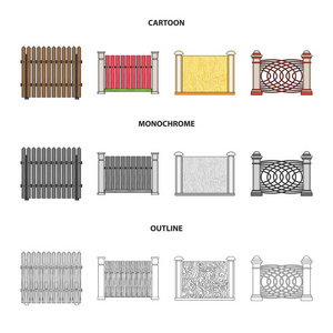 一块金属和砖块的栅栏, 木栅栏。一个不同的围栏集合图标在卡通, 轮廓, 单色风格矢量符号股票插图