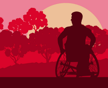 轮椅男子在公园森林景观树矢量