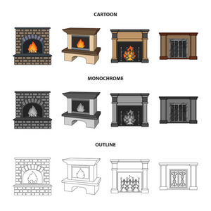 火, 温暖和舒适。壁炉集合图标在卡通, 轮廓, 单色风格矢量符号股票插画网站