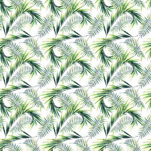 明亮美丽的绿色草本热带美妙的夏威夷花卉夏天图案的热带棕榈和龟背竹叶水彩手插图。完美的纺织品, 墙纸, 背景