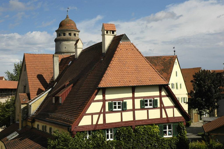 房子在 noerdlingen 城市建筑学, 巴伐利亚德国, 欧洲照片