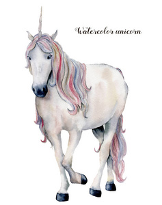 水彩白色独角兽与彩虹的头发。手绘魔法马被隔离在白色背景。童话人物插画设计, 面料, 卡片, 印刷或背景