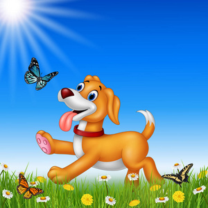 卡通狗运行与自然背景照片