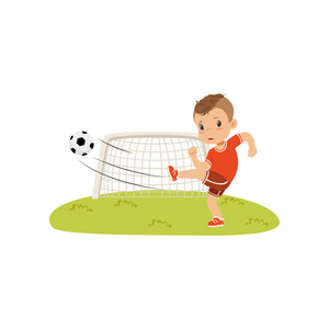 伤心背景男孩用足球踢草坪, 伤心的男孩没有进球矢量图在白色背景上