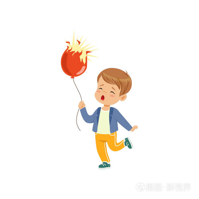 哀伤的男孩举行爆破气球向量例证在白色背景上
