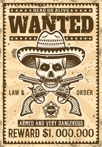 墨西哥强盗头骨在草帽通缉海报