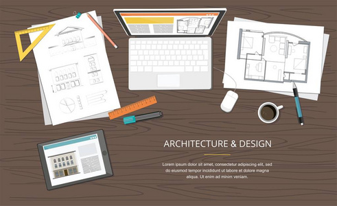 工作场所建设项目建筑师房子计划与工具, 笔记本电脑和笔记本。施工背景
