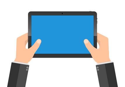 现代平板电脑蓝屏手中。矢量图