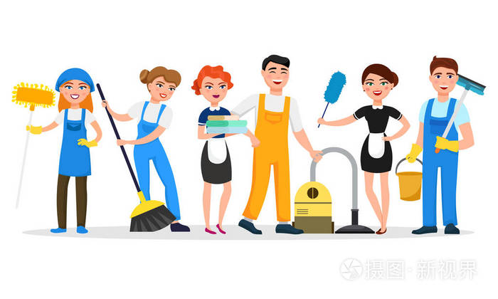 清洁服务人员微笑卡通人物在白色背景下隔离.