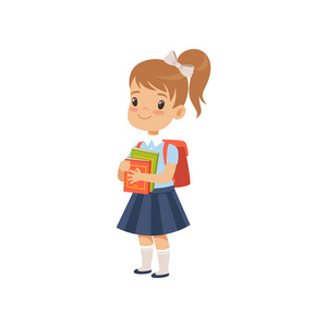 可爱的女孩与背包藏品书, 学生在学校制服学习在学校矢量插图白色背景