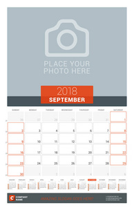2018 年 9 月。墙上的月度日历计划 2018 年。矢量设计打印模板与地方为照片和年的日历。上周日周接入