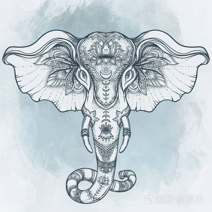 漂亮的手绘部落风格大象在曼荼罗.换
