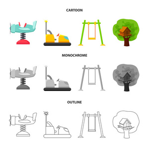 飞机上有弹簧秋千等设备。操场集合图标在卡通, 轮廓, 单色风格矢量符号股票插画网站