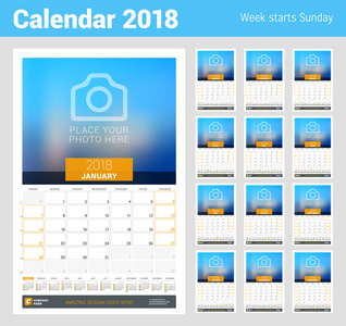 2018 年的月度日历计划。矢量设计打印模板与地方为照片和年的日历。上周日周接入