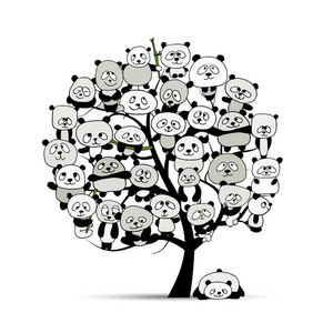 树和有趣的熊猫，为您设计素描
