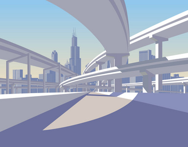 高速公路立交桥和城市天际线在太阳光.现代城市生活概念向量图解照片