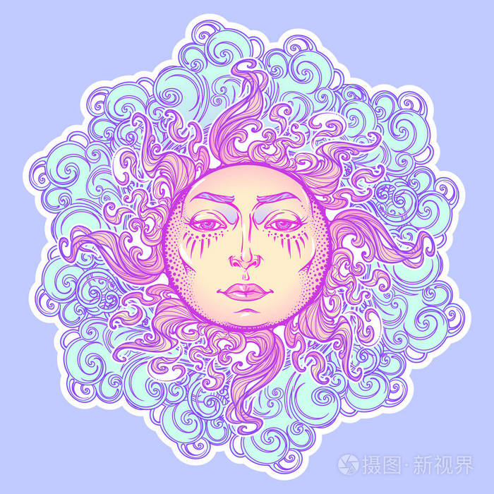 童话风格太阳与人脸在卷曲的华丽云上休息.