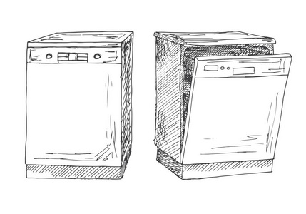 孤立在白色背景上的洗碗机。矢量图的素描样式