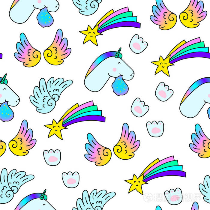 独角兽之星翅膀爪印.梦幻矢量无缝图案.