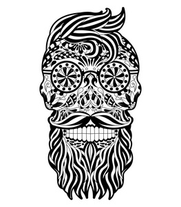 墨西哥黑和白糖头骨与头发和胡子设计元素标签, 标志, 海报, t恤衫。矢量插图