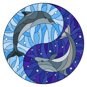 彩色玻璃风格插图在水和气泡的背景下, 两只海豚的阴阳标志形式照片