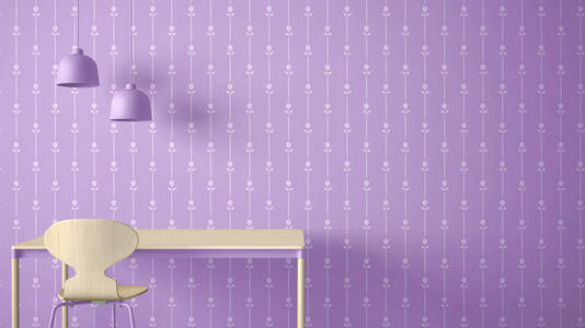 简约的建筑师设计理念, 桌子和椅子, 厨房或办公室与灯的花卉壁纸背景, 紫色粉彩室内设计理念与复制空间