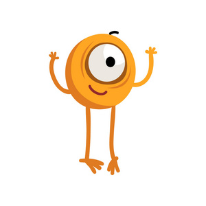 滑稽的漫画卡通怪物可爱的卡通一只眼睛黄色怪物字符与滑稽的面孔向量