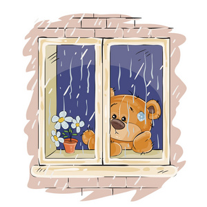 矢量图的棕色的玩具熊看着窗外雨和悲伤照片