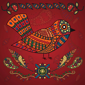 鸟类和植物的动物和植物装饰品的矢量插图, 在 Gzhel, Khokhloma 的风格, 背景是孤立的