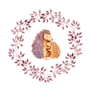 动物的拥抱-母亲刺猬拥抱她的孩子.水彩画在花圈照片