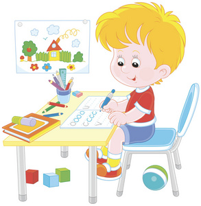 小男孩在一本练习本上做作业, 有写作样本, 卡通风格的矢量插画照片