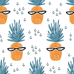 可爱的无缝图案与菠萝。斯堪的纳维亚风格的热带图案。为孩子和孩子。用于纺织布料包装或海报。矢量手绘插图
