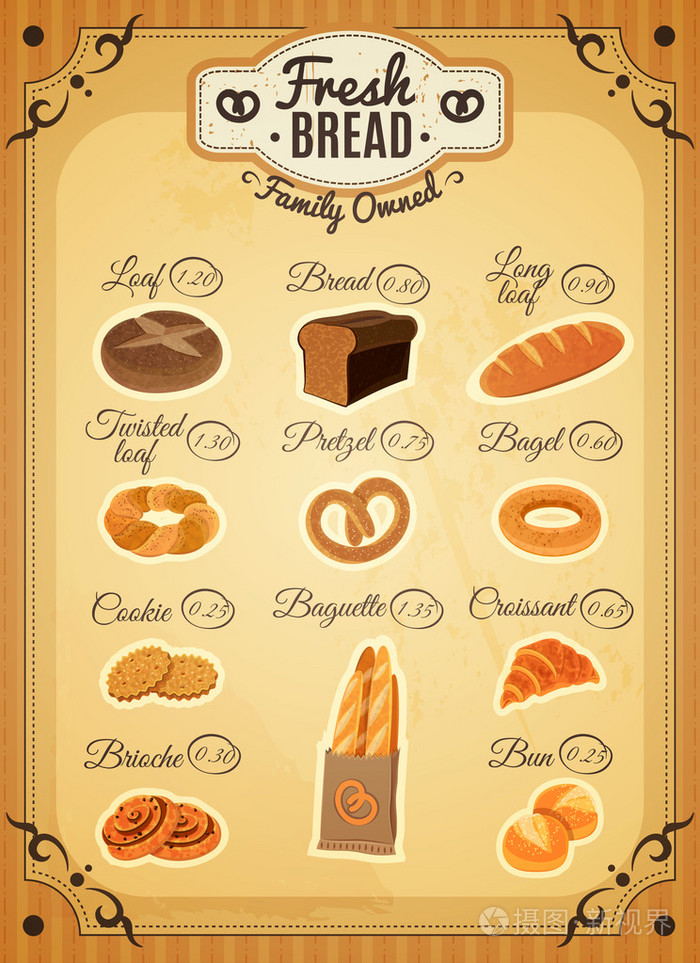 复古风格面包店价目表