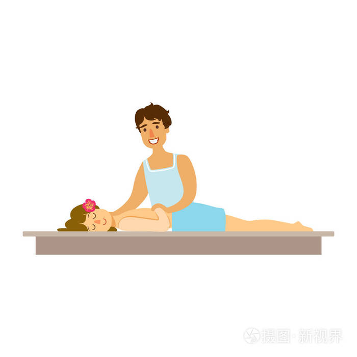 年轻女子在健康工作室有舒适的按摩服务.丰富多彩的卡通人物