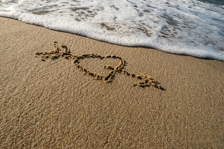 海沙上的铭文如同心脏冲刷波浪。海景上有一颗大心肠的沙子爱夏天大海阳光沙滩欢乐节日。爱。我需要你