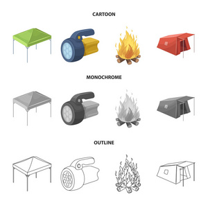 遮阳篷, 消防和其他旅游设备。帐篷集合图标在卡通, 轮廓, 单色风格矢量符号股票插画网站