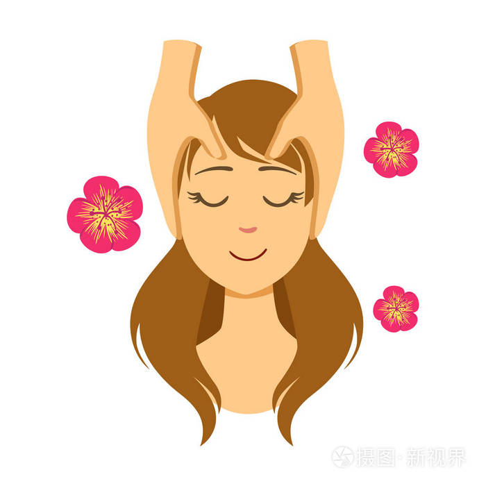 女人躺在背部,而按摩治疗师按摩她的脸上.丰富多彩的卡通人物